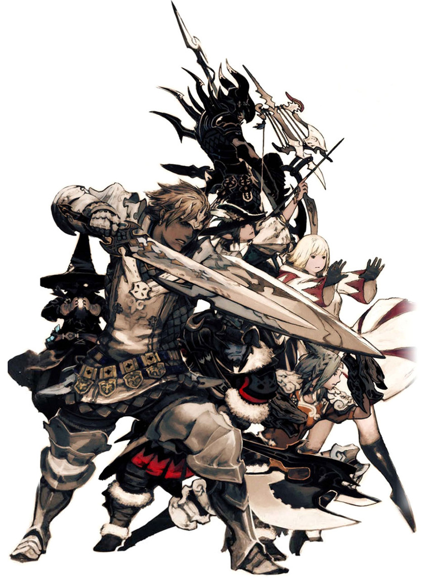 white mage, black mage, paladin, dragoon, monk, and 2 more (final fantasy and 1 more) drawn by yoshida_akihiko
