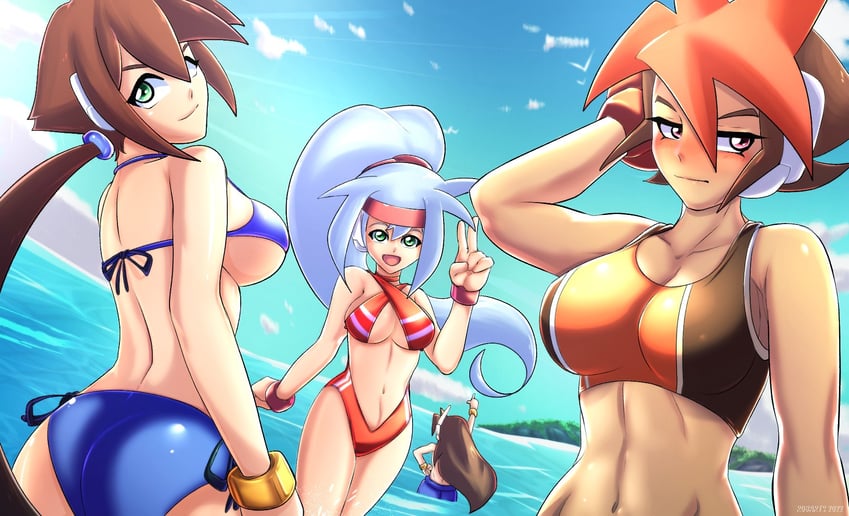 aile, ashe, vent, and atlas (mega man and 4 more) drawn by axasempai