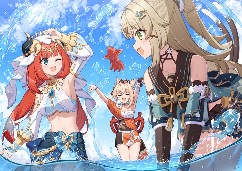 nilou, yoimiya, and kirara (genshin impact) drawn by t@ke-g