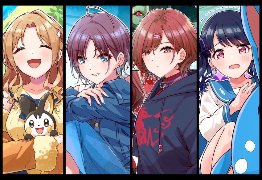 higuchi madoka, asakura toru, fukumaru koito, ichikawa hinana, emolga, and 1 more (pokemon and 2 more) drawn by tsukuda_hayato