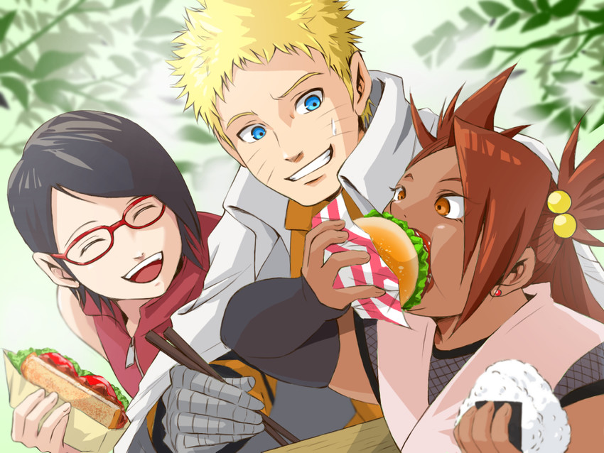 uzumaki naruto, uchiha sarada, and akimichi chouchou (naruto and 1 more) drawn by kero_(23690272)