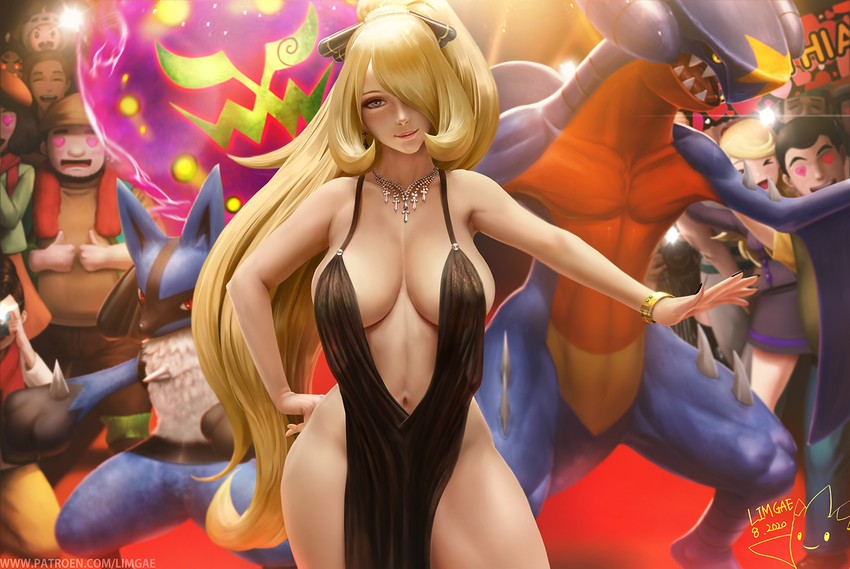cynthia, lucario, garchomp, togekiss, spiritomb, and 5 more (pokemon and 2 more) drawn by limgae