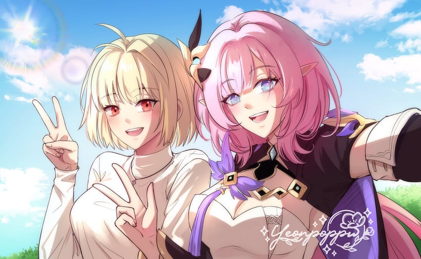 elysia and arcueid brunestud (honkai and 2 more) drawn by yeonpoppu