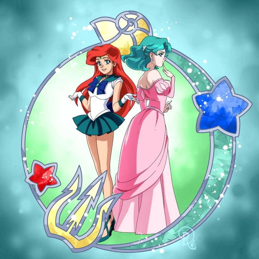 kaiou michiru, sailor neptune, and ariel (bishoujo senshi sailor moon and 1 more) drawn by drachea_rannak