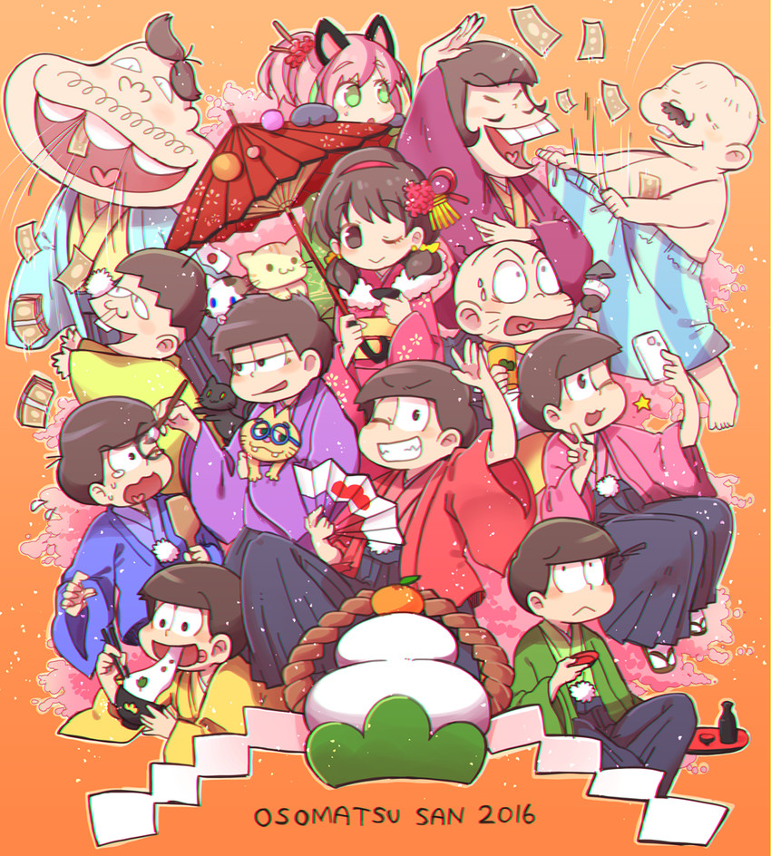 matsuno osomatsu, matsuno karamatsu, matsuno ichimatsu, matsuno jyushimatsu, matsuno choromatsu, and 8 more (osomatsu and 1 more) drawn by giri_(umetororo)