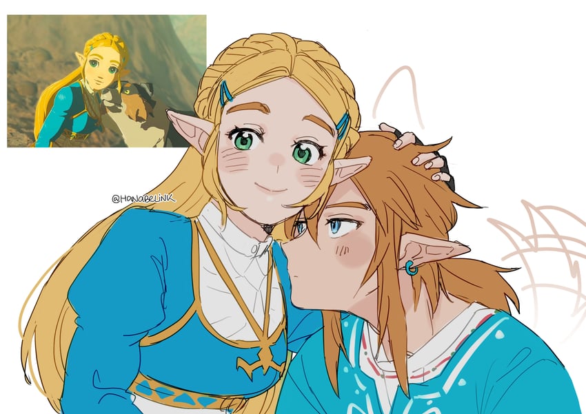 link and princess zelda (the legend of zelda and 1 more) drawn by hanaberin
