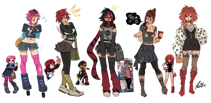 ramona flowers, kim pine, knives chau, julie powers, and envy adams (scott pilgrim) drawn by bitsbytits