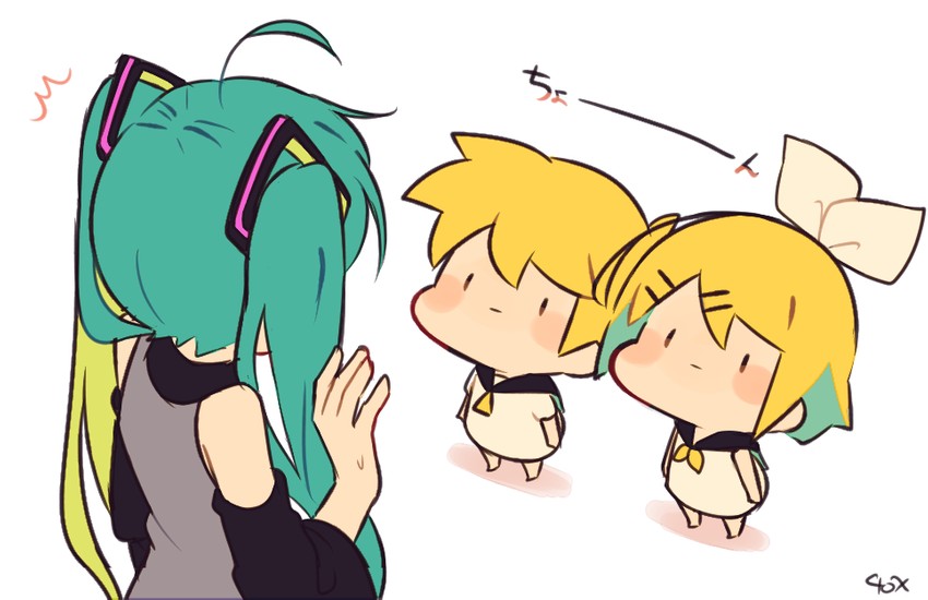 hatsune miku, kagamine rin, and kagamine len (vocaloid) drawn by kitsune_no_ko