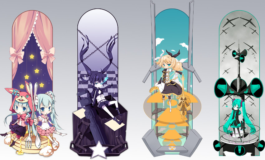 hatsune miku, kagamine rin, and black rock shooter (vocaloid and 4 more) drawn by natsuki_yuu_(minamino_tsuki)