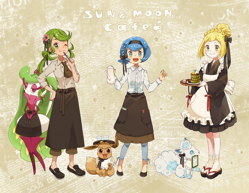 lillie, eevee, lana, mallow, alolan vulpix, and 1 more (pokemon and 1 more) drawn by sasairebun