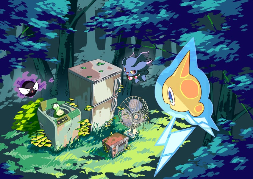 rotom, gastly, misdreavus, and budew (pokemon) drawn by kamoruto