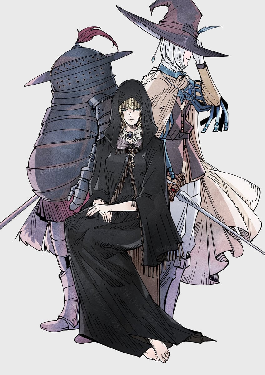 fia the deathbed companion, sorcerer rogier, and lionel the lionhearted (elden ring) drawn by herheim
