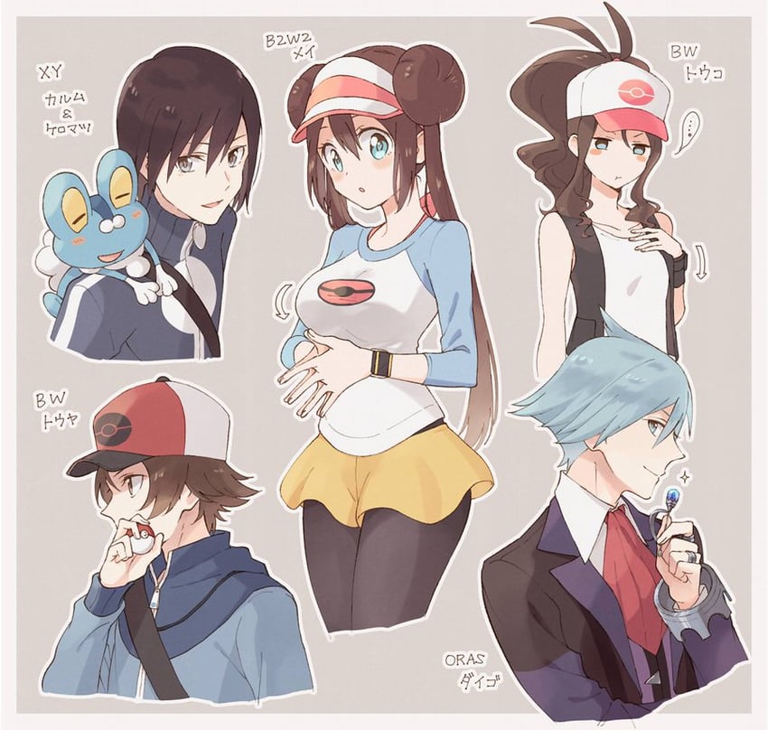 rosa, hilda, hilbert, calem, steven stone, and 1 more (pokemon and 4 more) drawn by yairo_(sik_s4)