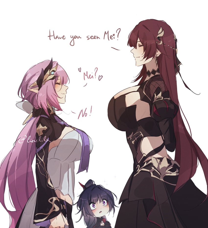 elysia, raiden mei, and eden (honkai and 1 more) drawn by linel_lin