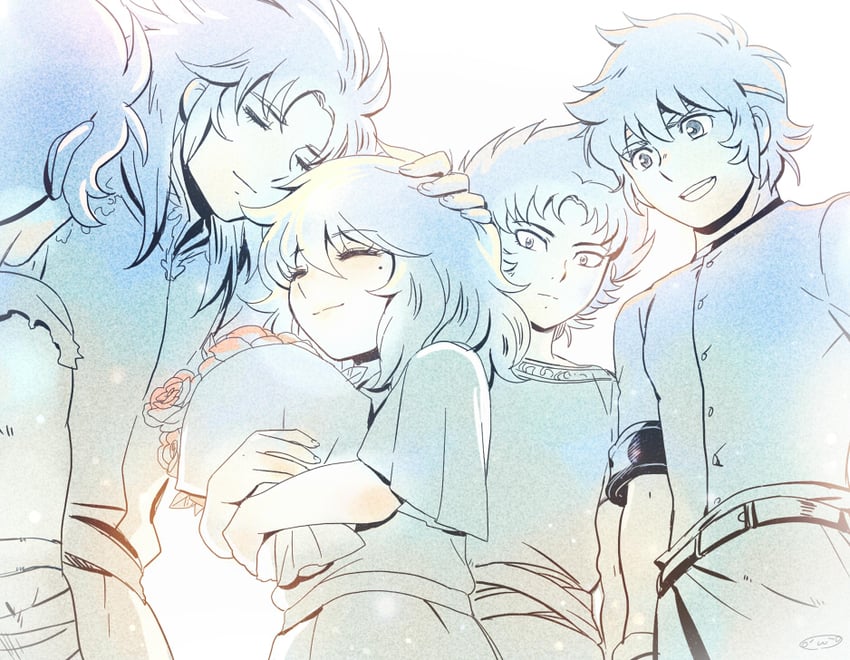 pisces aphrodite, gemini saga, capricorn shura, cancer death mask, and sagittarius aioros (saint seiya) drawn by mizuhara_aki
