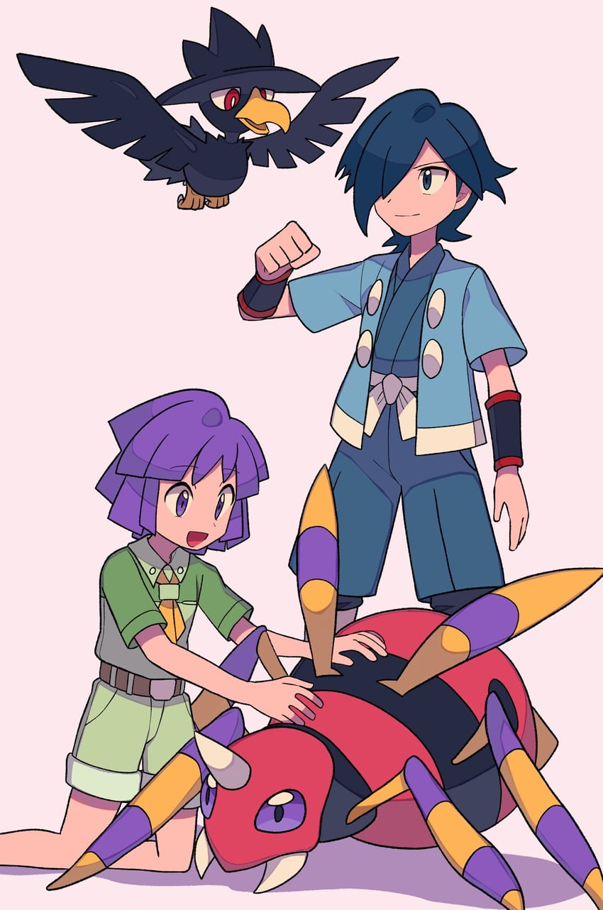 murkrow, falkner, bugsy, and ariados (pokemon and 1 more) drawn by tyako_089