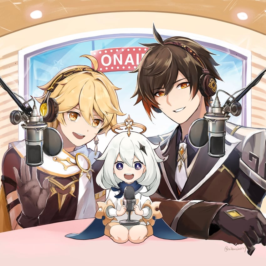 aether, zhongli, and paimon (genshin impact) drawn by muri_(pan'ichi_murimuri_geinin)