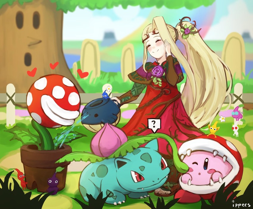 kirby, red pikmin, ivysaur, yellow pikmin, blue pikmin, and 6 more (pokemon and 6 more) drawn by ippers
