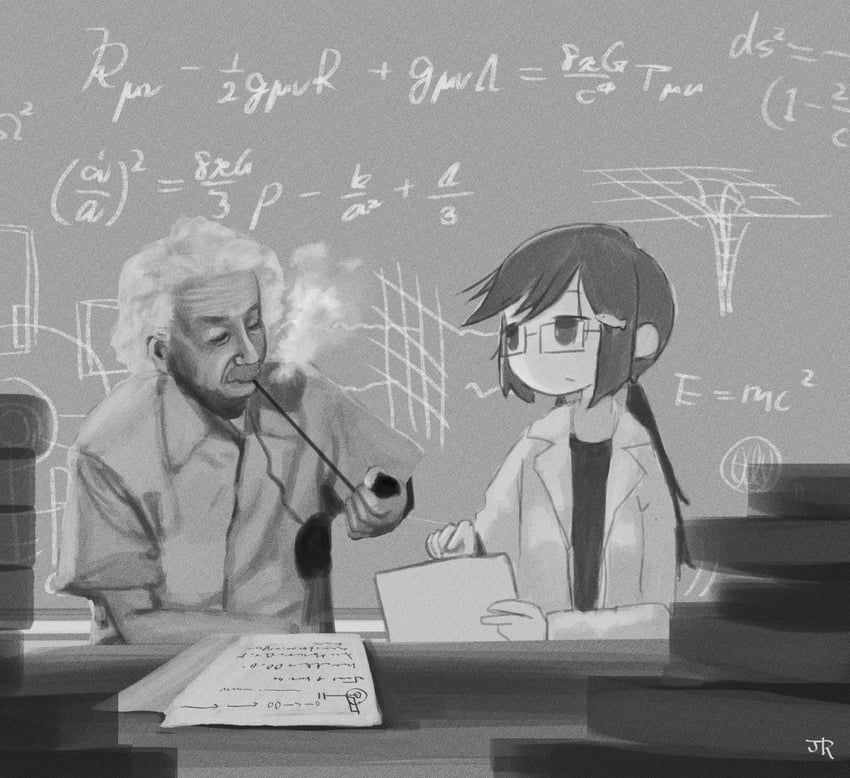 tsukishima shijima's sister and albert einstein (real life and 1 more) drawn by 5afvb