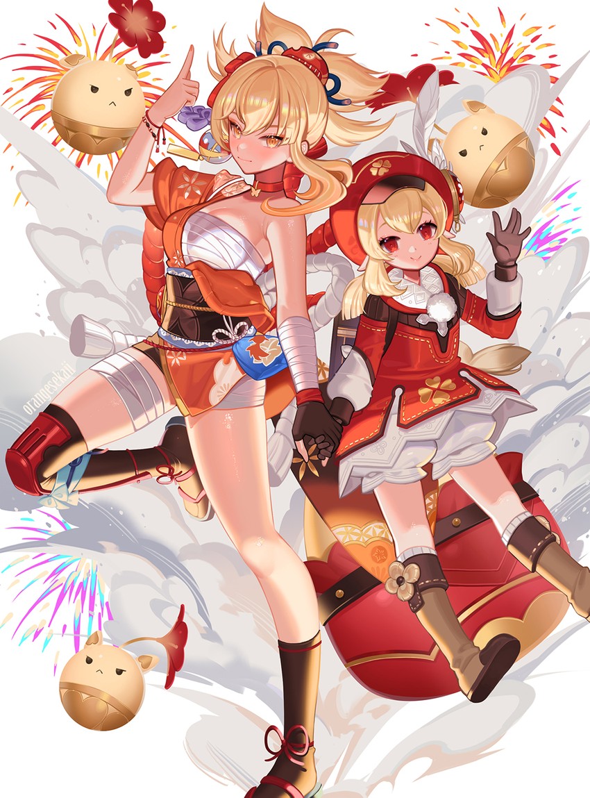 klee, yoimiya, dodoco, and jumpy dumpty (genshin impact) drawn by orange_sekaii