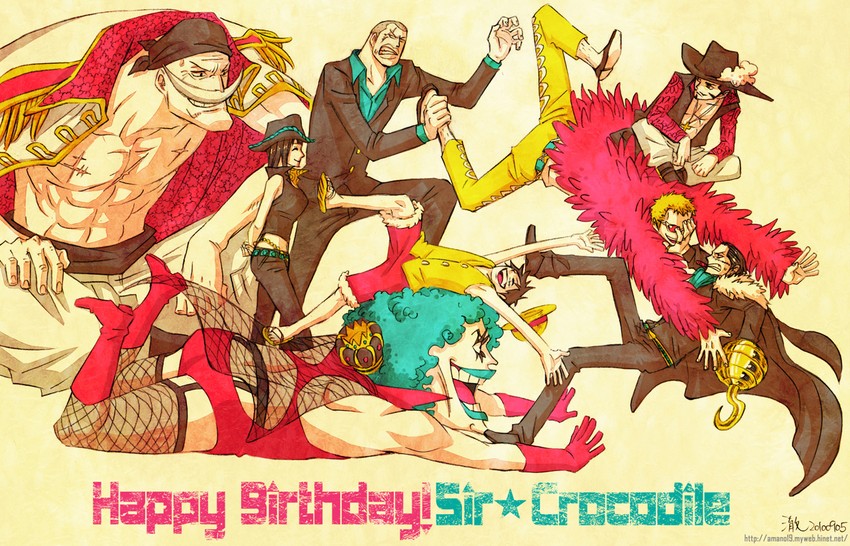 monkey d. luffy, nico robin, donquixote doflamingo, crocodile, dracule mihawk, and 3 more (one piece) drawn by che_(cyan_crown)