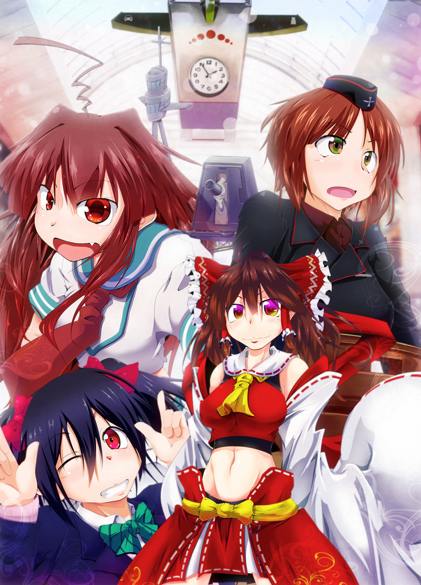 hakurei reimu, nishizumi miho, yazawa nico, and kuma (touhou and 4 more) drawn by endou_tatsumi