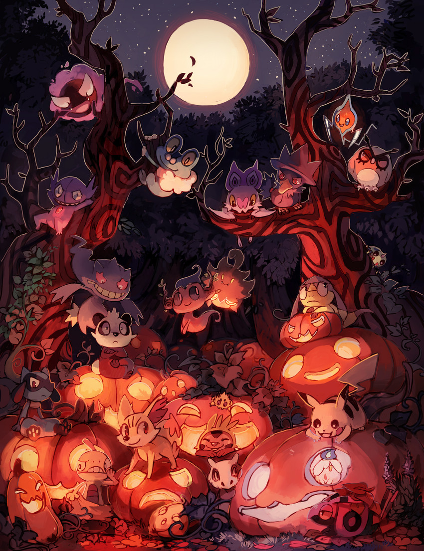 pikachu, rotom, litwick, fennekin, gastly, and 17 more (pokemon) drawn by bluekomadori