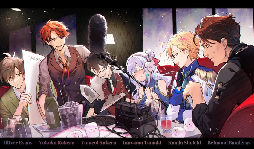 yukoku roberu, yumeoi kakeru, belmond banderas, inuyama tamaki, oliver evans, and 1 more (nijisanji and 2 more) drawn by iv_4t