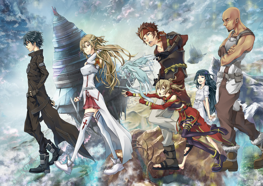 asuna, kirito, silica, yui, pina, and 2 more (sword art online) drawn by essual_(layer_world)