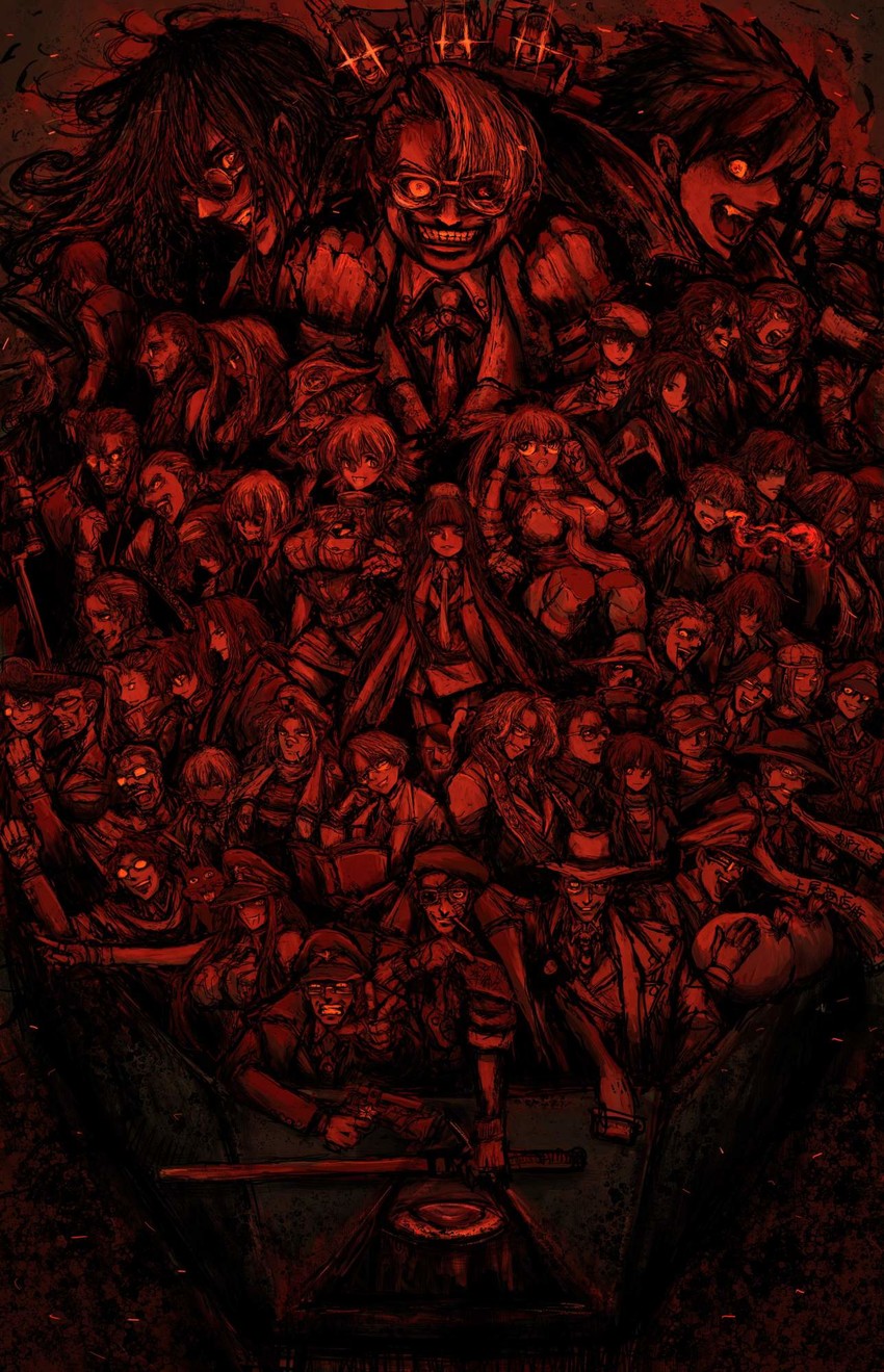 alucard, seras victoria, integra hellsing, girlycard, nasu no yoichi, and 28 more (hellsing and 1 more) drawn by moto_murabito