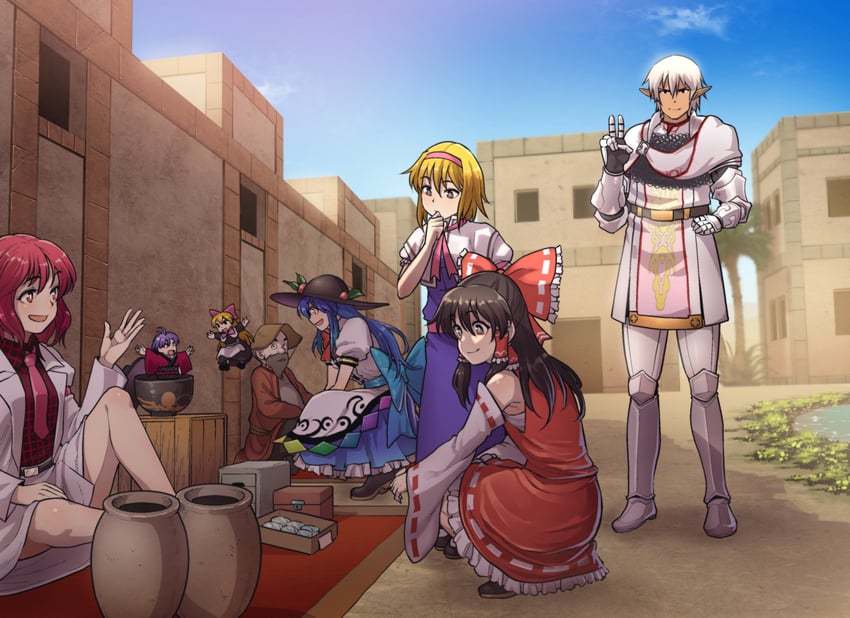 hakurei reimu, alice margatroid, shanghai doll, sukuna shinmyoumaru, horikawa raiko, and 1 more (touhou and 5 more) drawn by chiaki_rakutarou