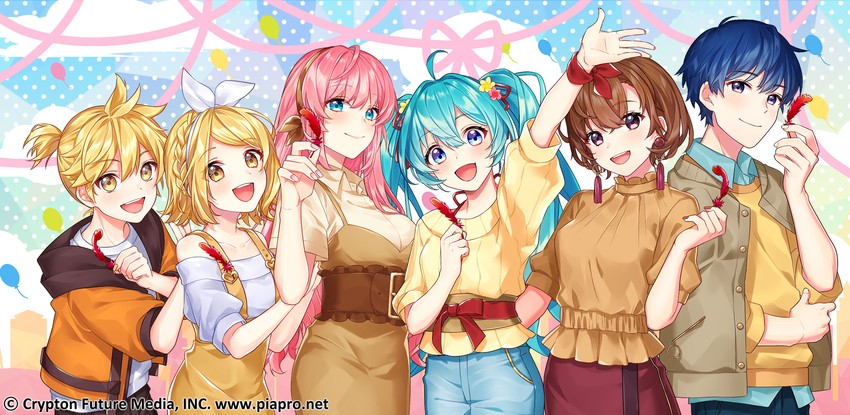 hatsune miku, kagamine rin, kagamine len, megurine luka, kaito, and 1 more (vocaloid) drawn by gari_(apollonica)