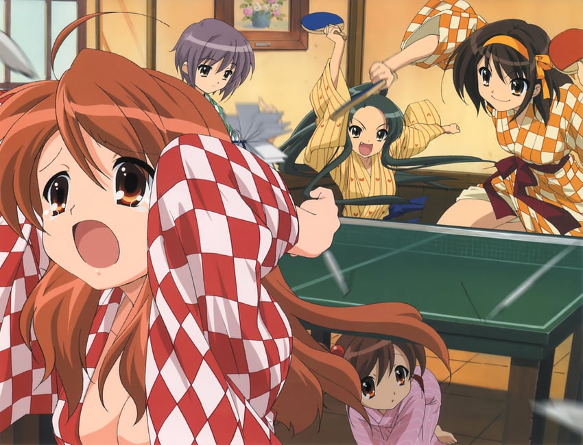 suzumiya haruhi, nagato yuki, asahina mikuru, tsuruya, and kyon's sister (suzumiya haruhi no yuuutsu and 1 more)