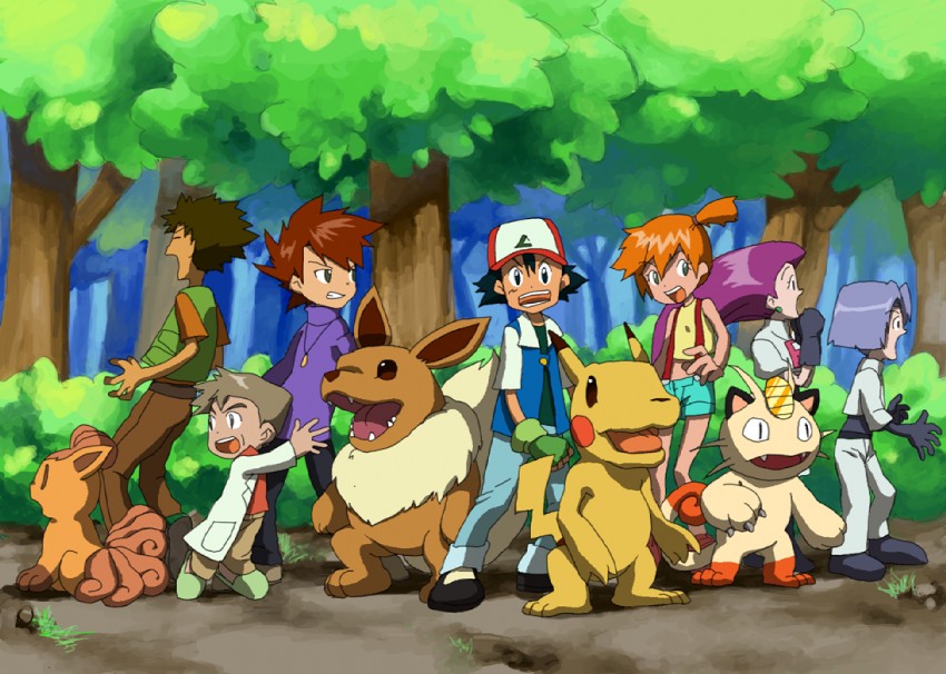 pikachu, ash ketchum, eevee, misty, jessie, and 6 more (pokemon and 1 more) drawn by doku_imouto_ko