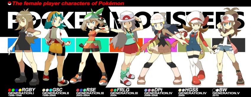 dawn, may, hilda, leaf, lyra, and 2 more (pokemon and 8 more) drawn by shigino_sohuzi
