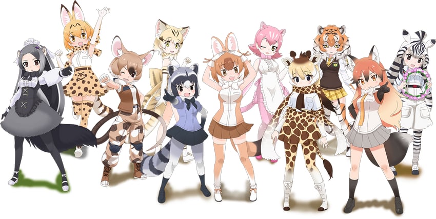 serval, common raccoon, dhole, sand cat, reticulated giraffe, and 6 more (kemono friends and 1 more)