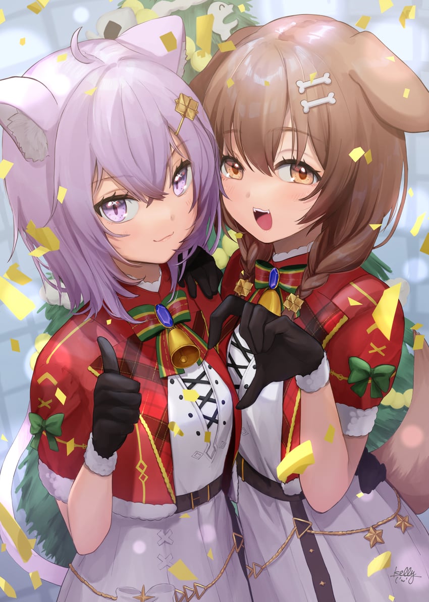nekomata okayu, inugami korone, and listener (hololive) drawn by kelly_0w0