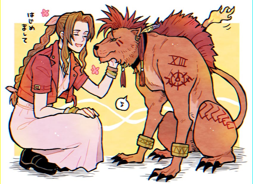 aerith gainsborough and red xiii (final fantasy and 2 more) drawn by ico_(mori)