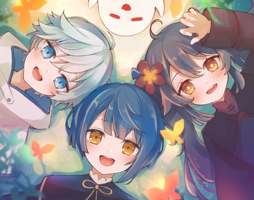 hu tao, boo tao, xingqiu, and chongyun (genshin impact) drawn by 7aka_ne11