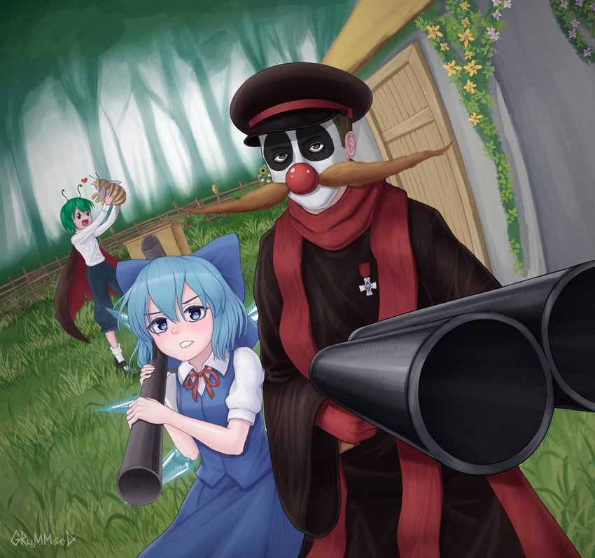 cirno, wriggle nightbug, and the man (touhou and 1 more) drawn by grummsed