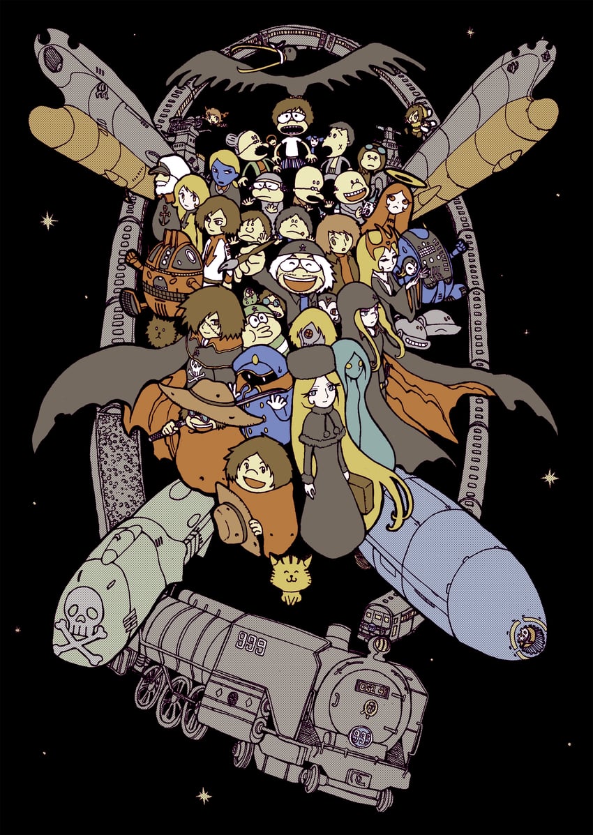 mori yuki, maetel, harlock, hoshino tetsurou, okita juuzou, and 5 more (uchuu senkan yamato and 5 more) drawn by usuisoto_(mouse4949)
