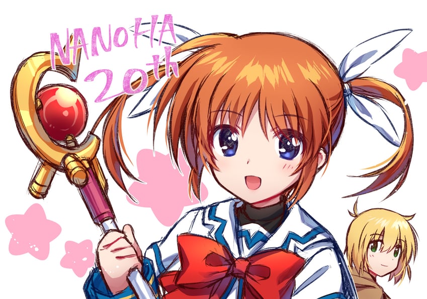 takamachi nanoha, raising heart, and yuuno scrya (lyrical nanoha and 1 more) drawn by shenbei_xiaoqiu