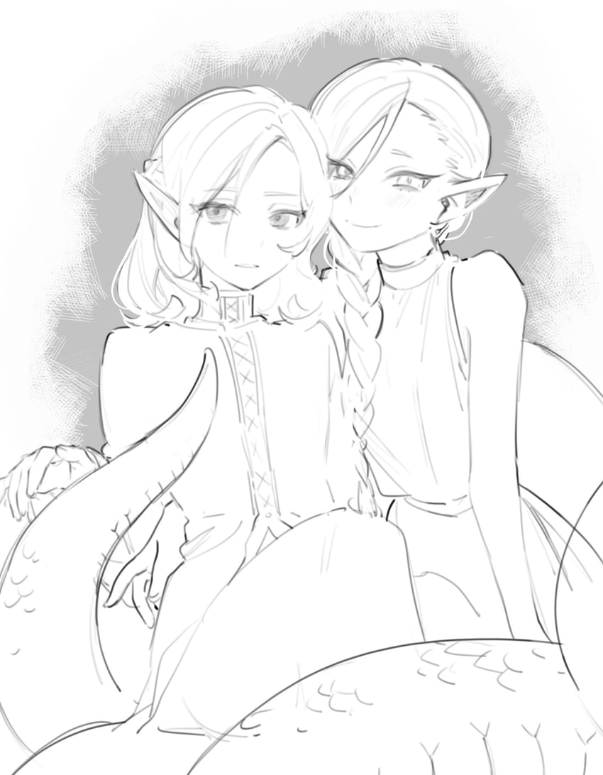 mithrun and braided ponytail lamia (dungeon meshi) drawn by maymeriko