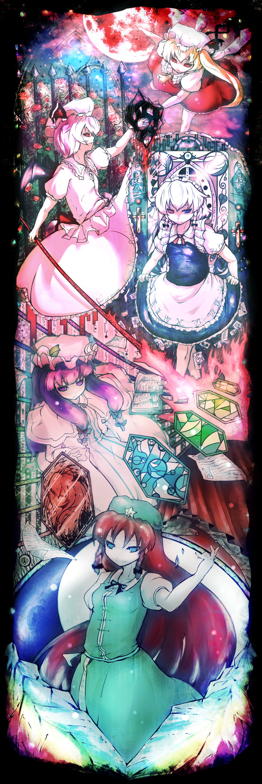 remilia scarlet, flandre scarlet, izayoi sakuya, patchouli knowledge, hong meiling, and 1 more (touhou) drawn by koohee