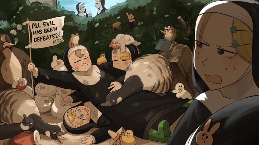 clumsy nun, froggy nun, spicy nun, strict nun, sheep nun, and 2 more (little nuns) drawn by diva_(hyxpk)