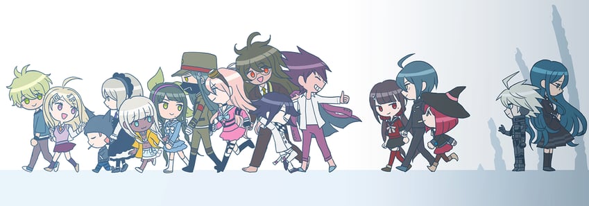 oma kokichi, saihara shuichi, akamatsu kaede, harukawa maki, momota kaito, and 11 more (danganronpa and 1 more) drawn by gohan_(8823cobalt)