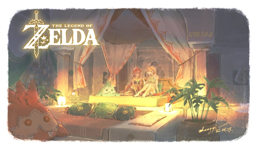link, princess zelda, riju, and sand seal (the legend of zelda and 1 more) drawn by kchang57