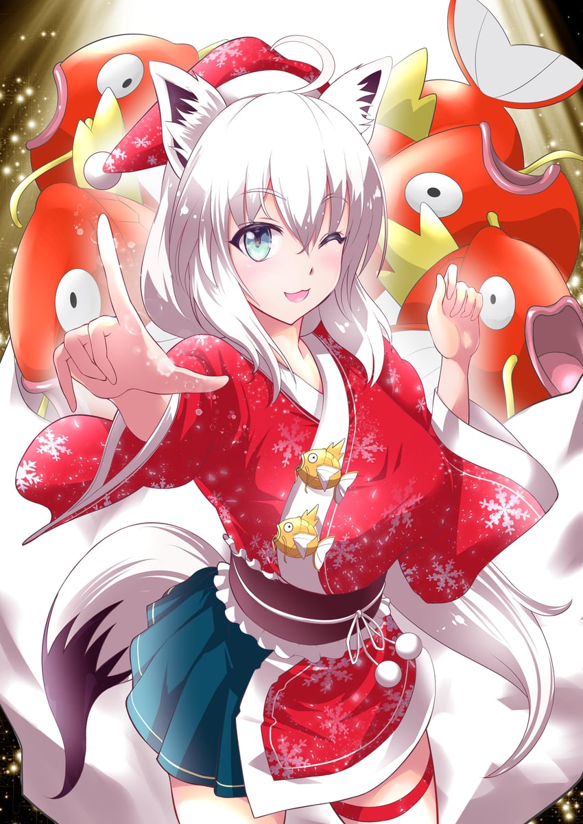 shirakami fubuki and magikarp (pokemon and 1 more) drawn by rakumaru555