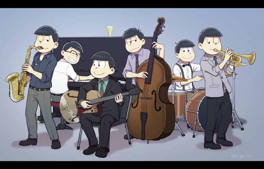matsuno osomatsu, matsuno karamatsu, matsuno ichimatsu, matsuno jyushimatsu, matsuno choromatsu, and 1 more (osomatsu and 2 more) drawn by nigu