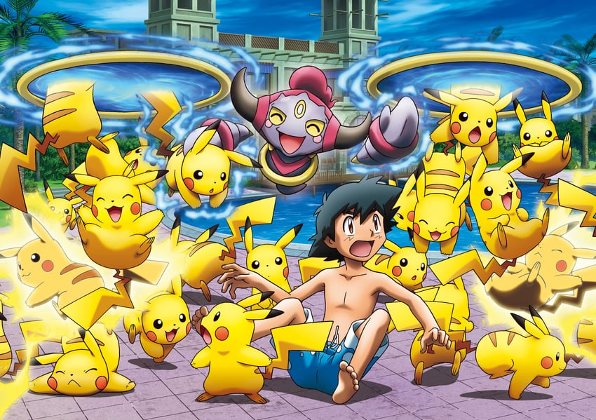 pikachu, ash ketchum, and hoopa (pokemon and 2 more)